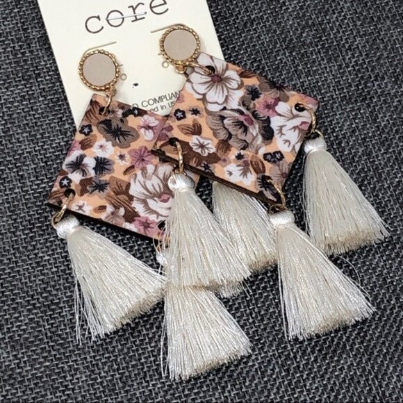Floral Square Wood Triple Tassel Dangle Earrings - Picture 1 of 6